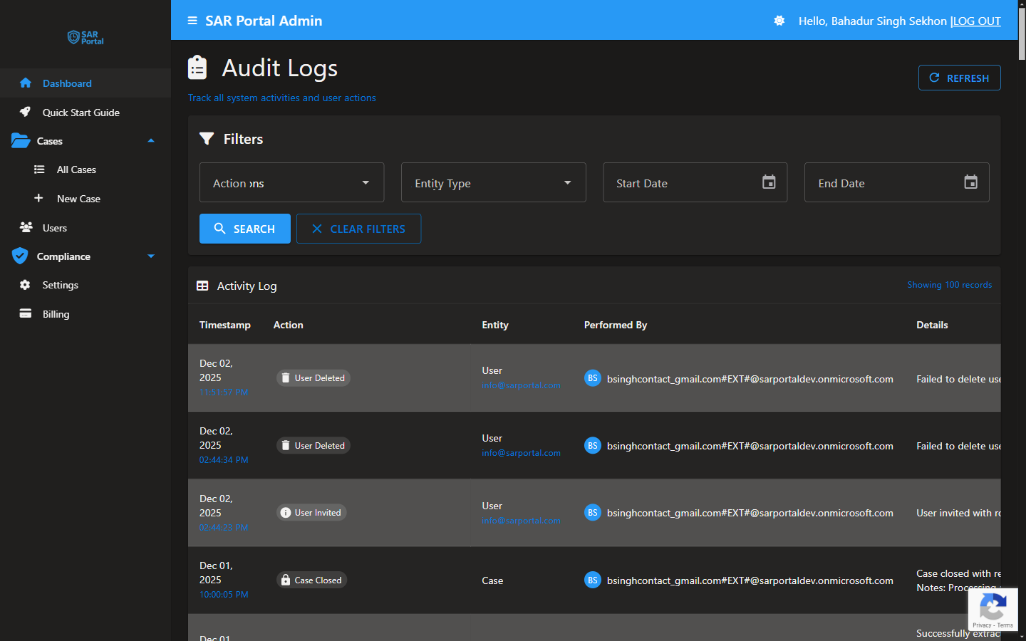 Audit Logs - Immutable record of all system activities