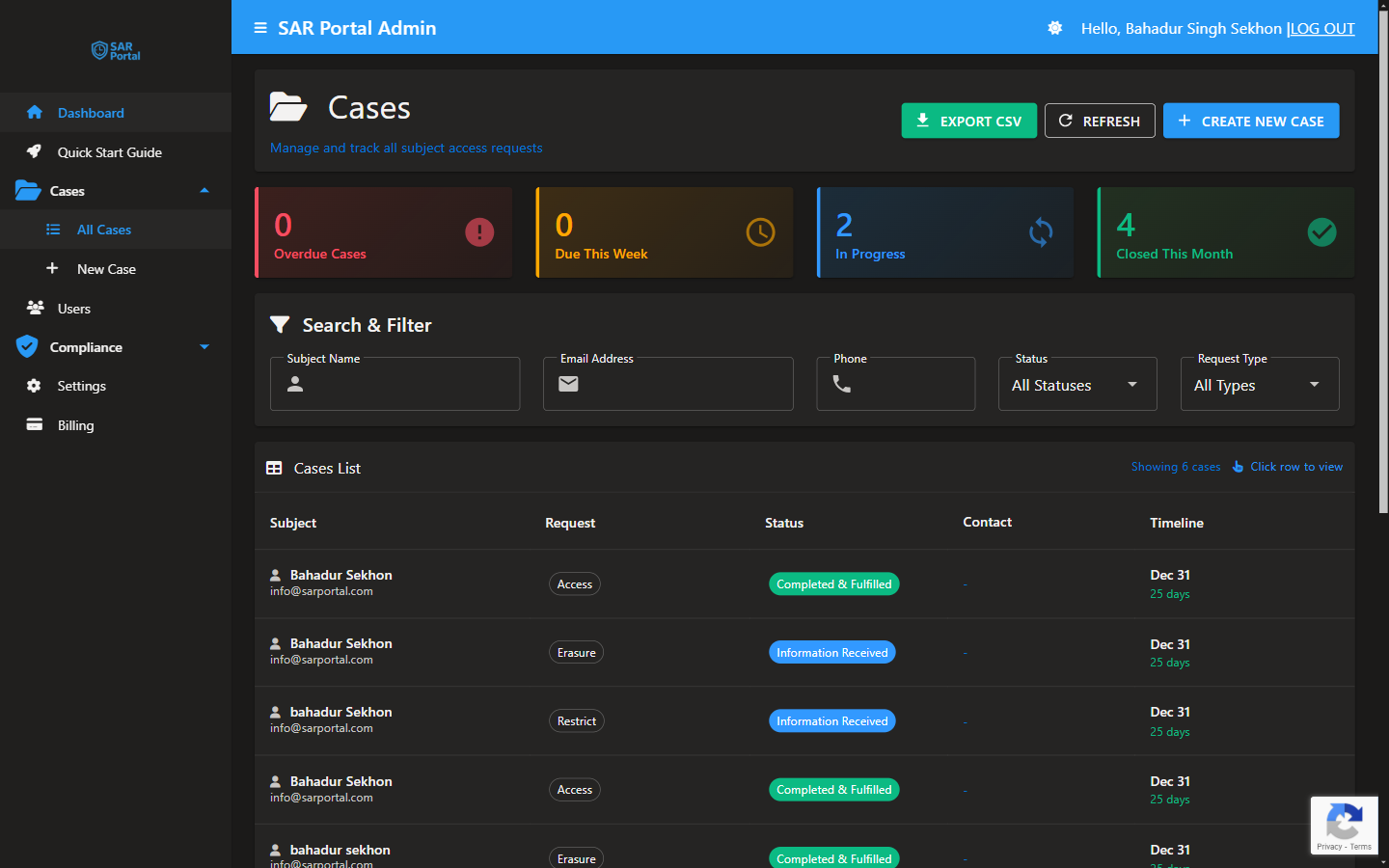 Cases list view - Your starting point for managing all DSARs
