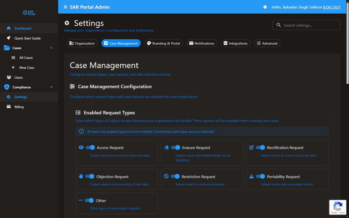 Case Management - Configure request types and case settings