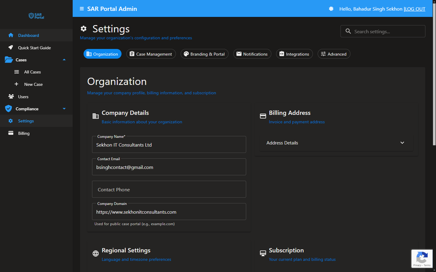 Organization Settings - Configure your company profile and billing information