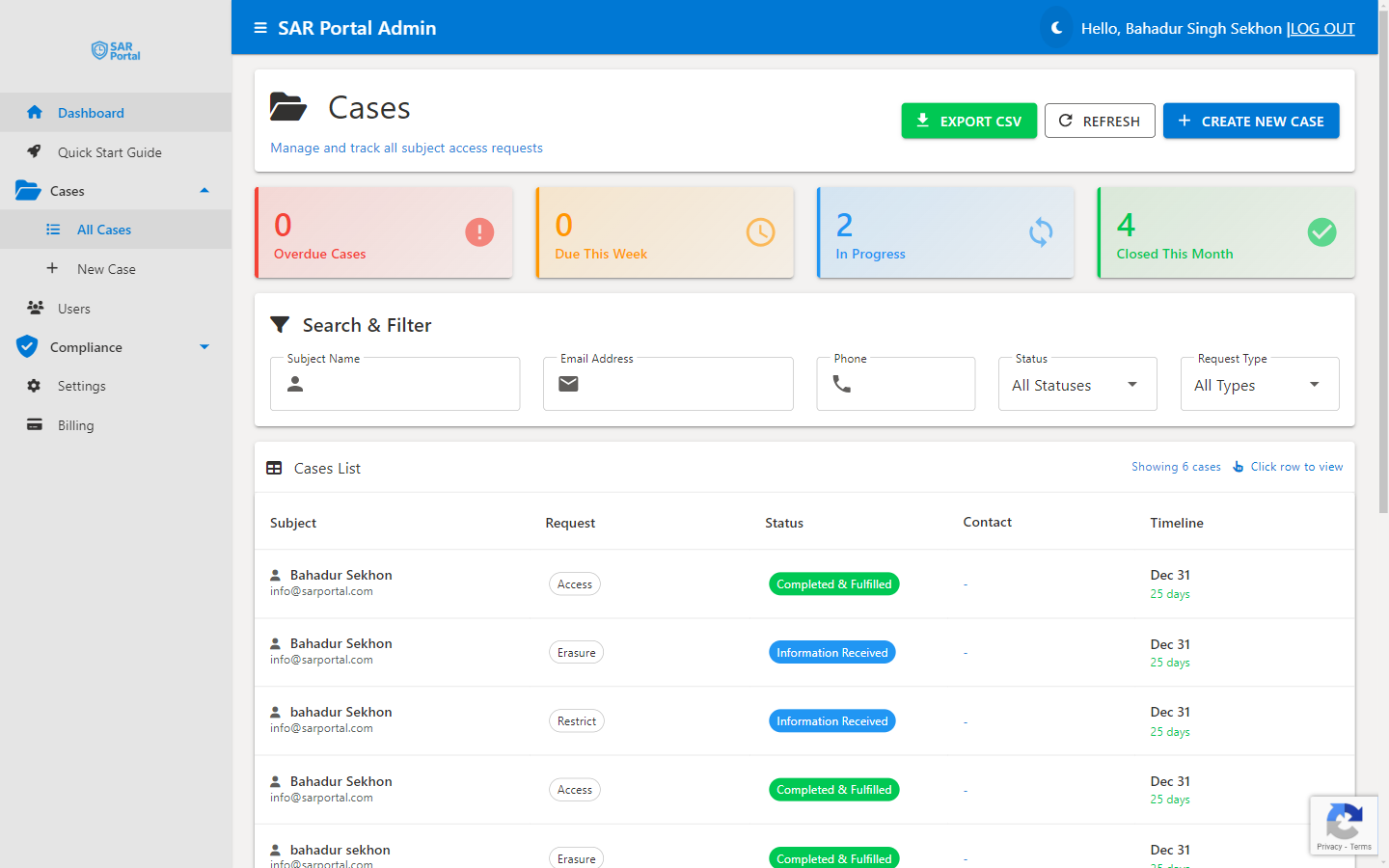 Cases list view - Your starting point for managing all DSARs