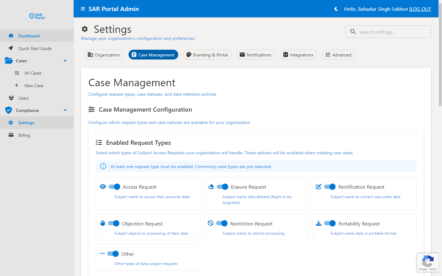 Case Management - Configure request types and case settings