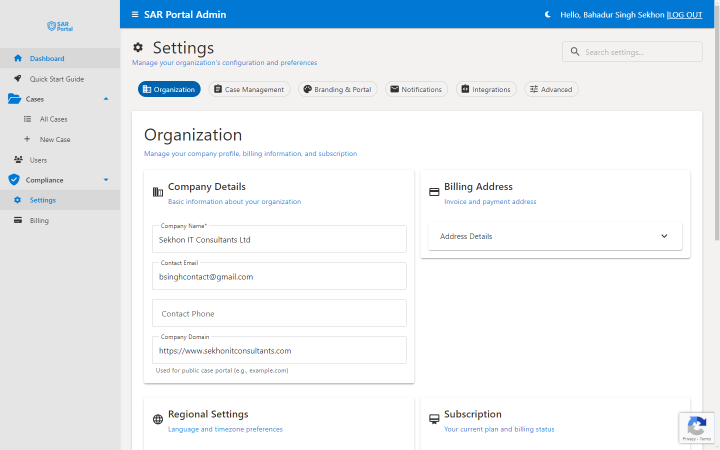 Organization Settings - Configure your company profile and billing information